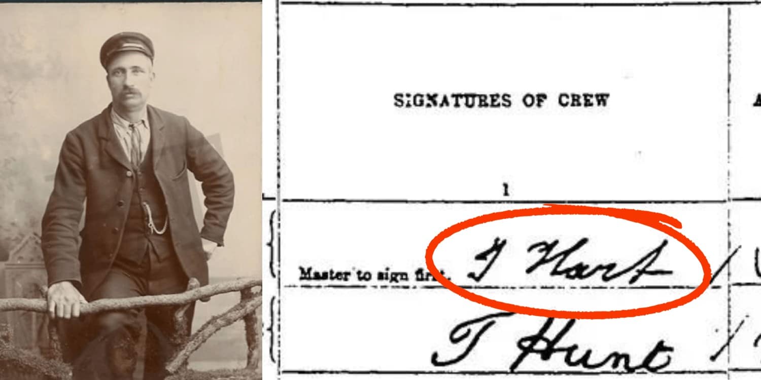 A photo of James Hart and his signature on the Titanic manifest